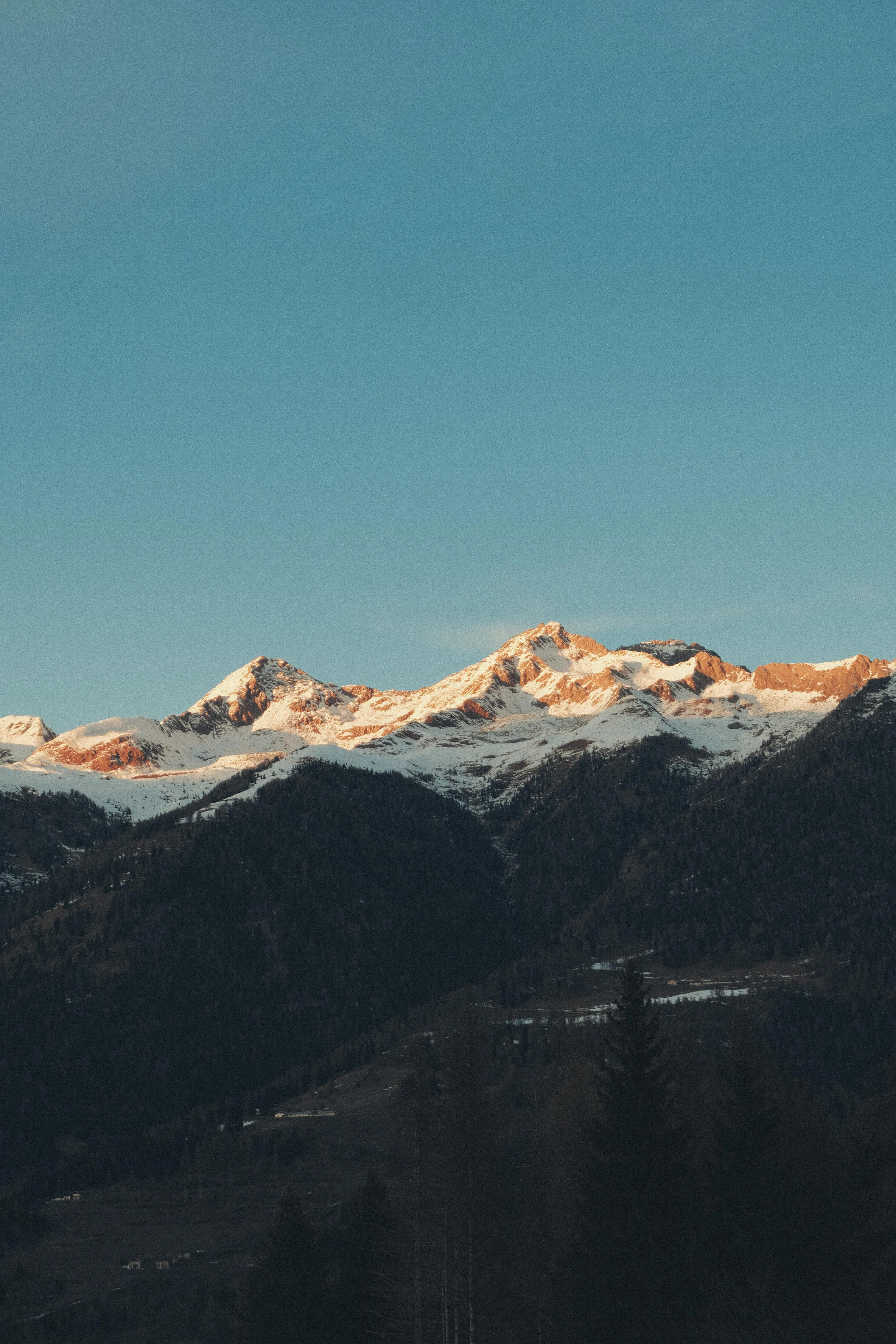 Snow-covered mountain peaks catching the warm light of sunset above a forested valley